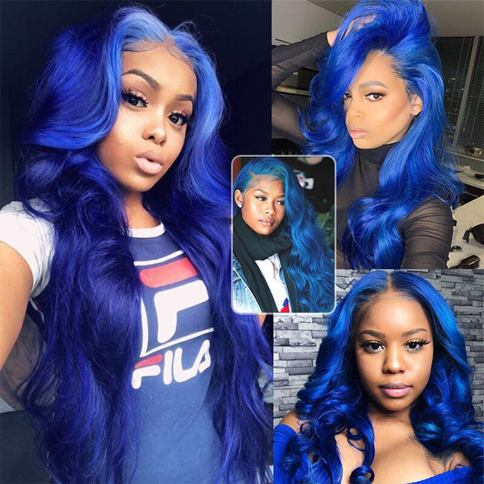 Long Soft Hair Blue Body Wave Wig For Women HD  Lace Front Wig Human Hair For Cosplay