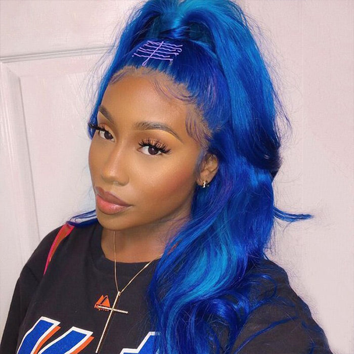 Long Soft Hair Blue Body Wave Wig For Women HD  Lace Front Wig Human Hair For Cosplay