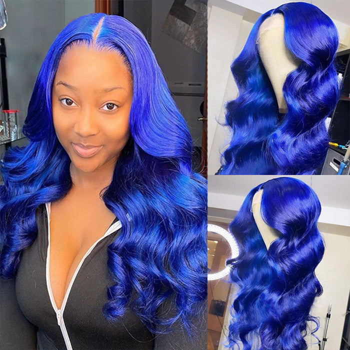 Long Soft Hair Blue Body Wave Wig For Women HD  Lace Front Wig Human Hair For Cosplay