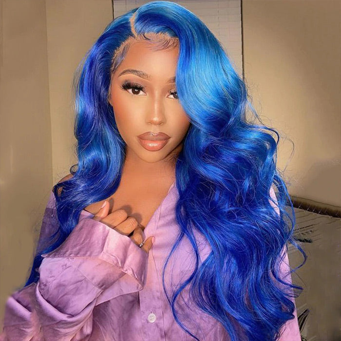 Long Soft Hair Blue Body Wave Wig For Women HD  Lace Front Wig Human Hair For Cosplay