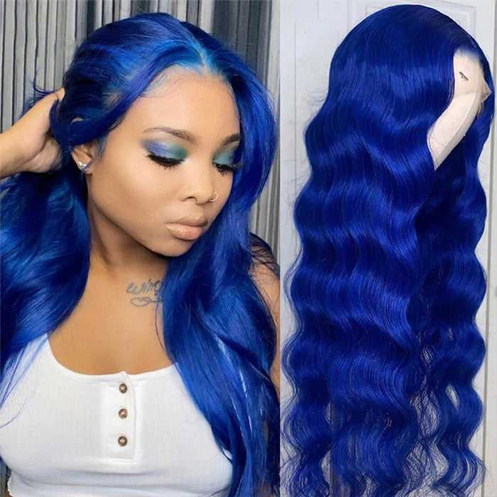 Long Soft Hair Blue Body Wave Wig For Women HD  Lace Front Wig Human Hair For Cosplay