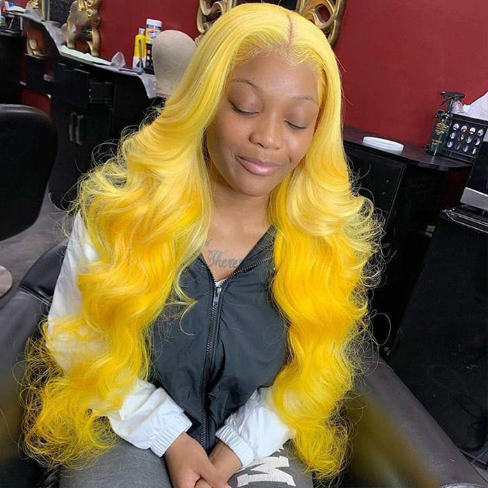 Yellow Colored Human Hair Wig HD  Lace Front Wigs Invisible Glueless Cosplay Wig For Women