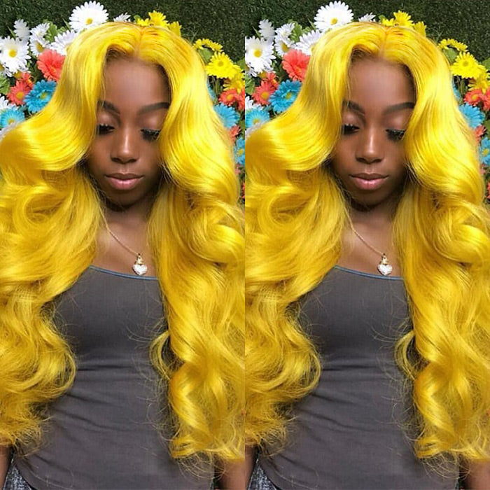 Yellow Colored Human Hair Wig HD  Lace Front Wigs Invisible Glueless Cosplay Wig For Women