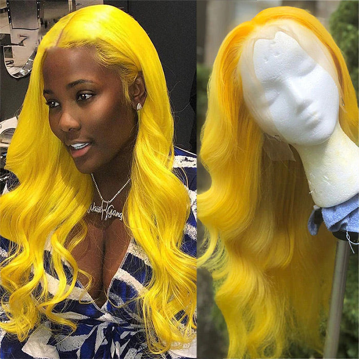 Yellow Colored Human Hair Wig HD  Lace Front Wigs Invisible Glueless Cosplay Wig For Women