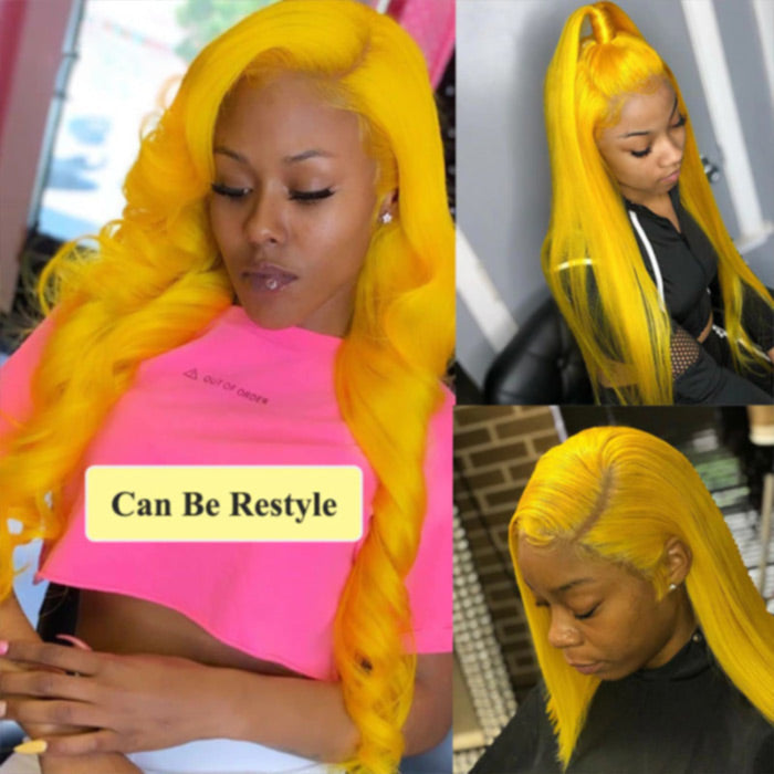 Yellow Colored Human Hair Wig HD  Lace Front Wigs Invisible Glueless Cosplay Wig For Women