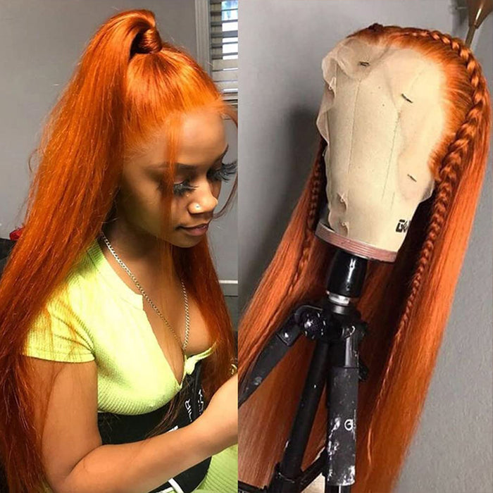 Ginger Orange Colored 360 Lace Frontal Wigs Glueless HD Lace Human Hair Wigs