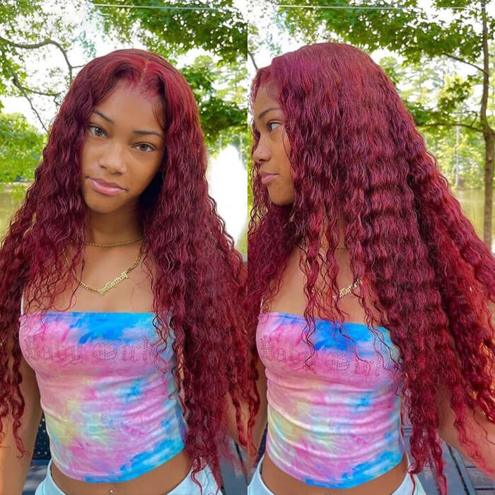 Deep Wave 13x4 HD Lace Front Wigs Burgundy 99J Color Human Hair Wigs With Pre-plucked Hairline