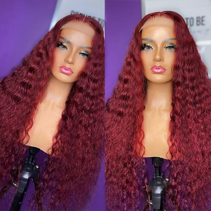 Deep Wave 13x4 HD Lace Front Wigs Burgundy 99J Color Human Hair Wigs With Pre-plucked Hairline