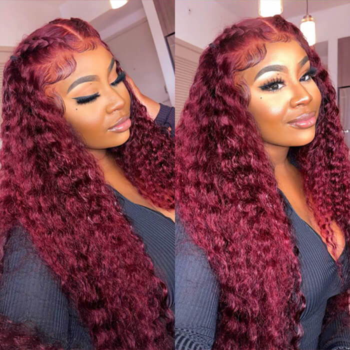 Deep Wave 13x4 HD Lace Front Wigs Burgundy 99J Color Human Hair Wigs With Pre-plucked Hairline