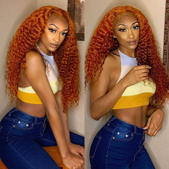 Ginger Orange Colored Human Hair Wigs Pre Plucked Deep Wave HD Lace Frontal Wigs