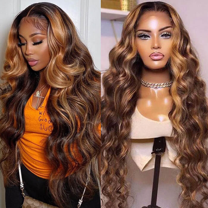 4/27 Honey Blonde Highlight Body Wave HD Lace Front Human Hair Wigs Free Part