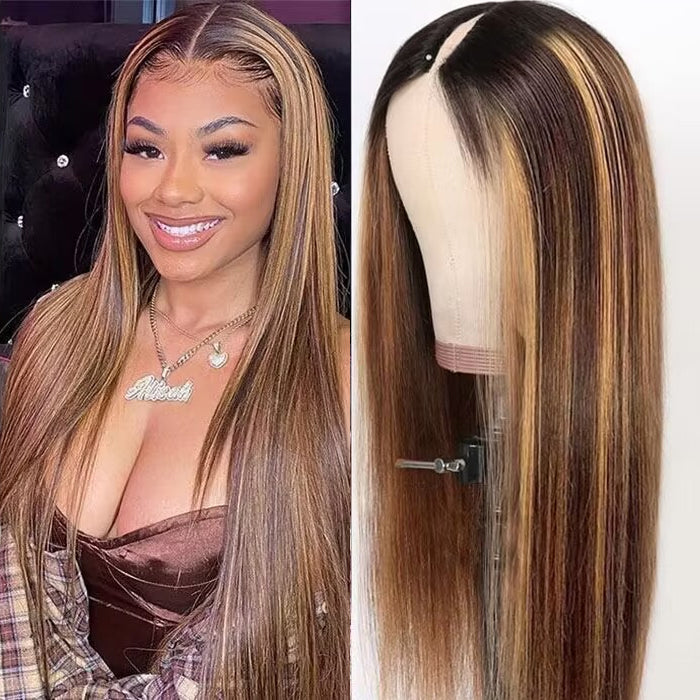 4/27 Blonde Highlight V/U Part Wigs Human Hair Straight V Part Wig Human Hair Minimal Leave Out No Lace