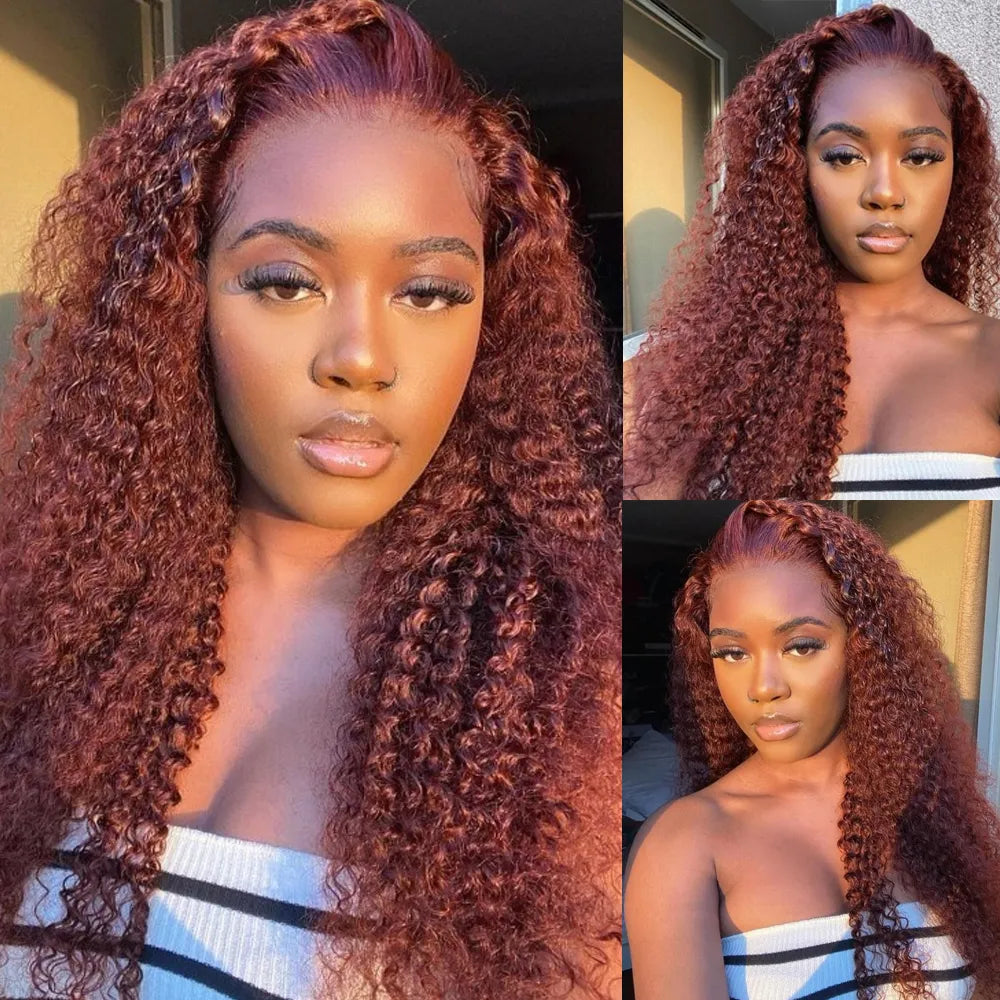 Curly Human Hair Wigs #33 Red Brown Auburn Colored Wig 13*4 5*5 HD Transparent Lace Front Wigs