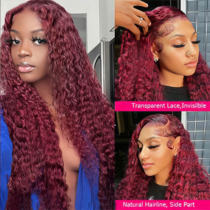 Deep Wave 13x4 HD Lace Front Wigs Burgundy 99J Color Human Hair Wigs With Pre-plucked Hairline