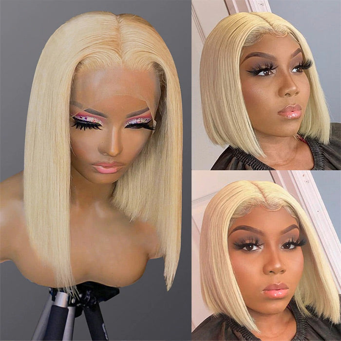 613 Blonde Straight Bob Wigs Human Hair Pre Plucked Glueless Lace Wig