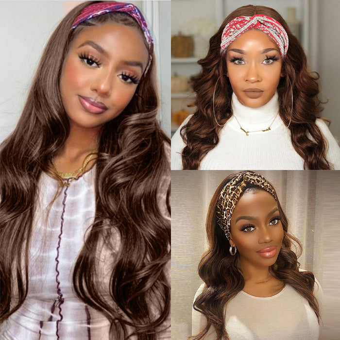 #4 Chocolate Brown Headband Wigs Virgin Human Hair No Gel No Glue Silk Scarf Wigs