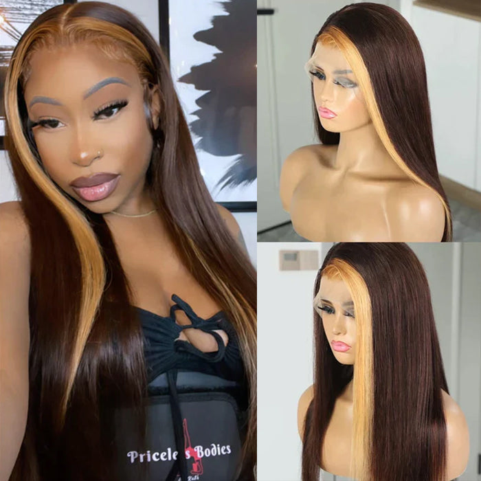 Brown Hair With Honey Blonde Highlight Streaks Wigs Straight & Body Wave 13x4 HD Lace Front Human Hair 