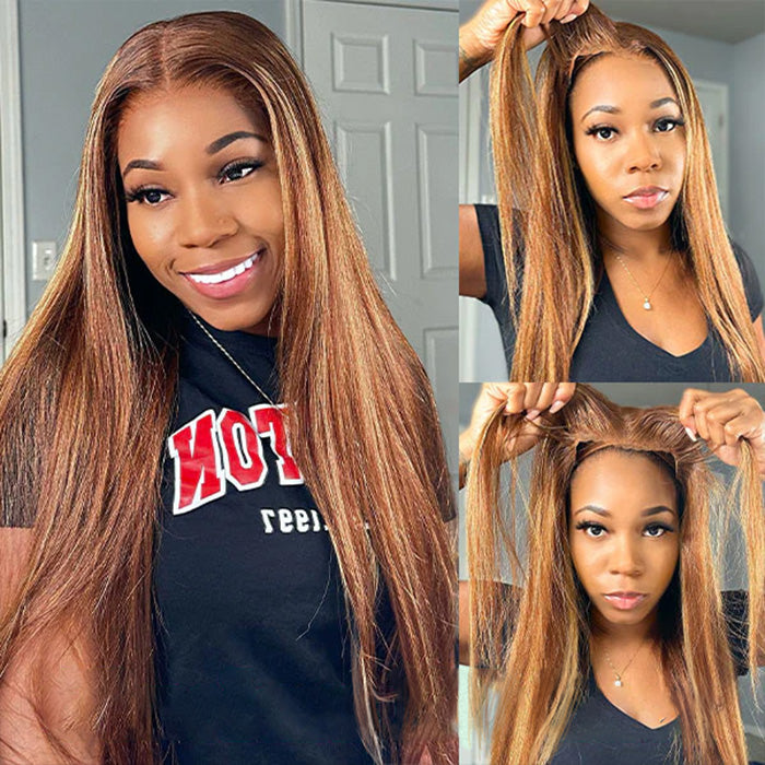 Ready & Go Blonde Highlight Straight Wig Upgrade 8*5 Pre Cut Lace Closure Wigs For Sale #P4/27 Color