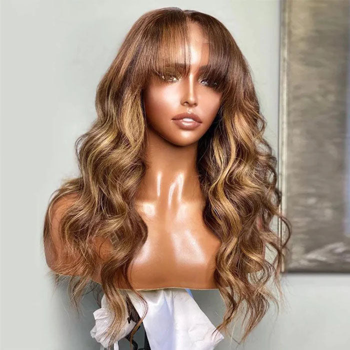 4/27 Honey Blond Highlight Body Wave Wig With Bangs Full Machinemade Wig/13x4/4x4 HD Lace Front Human Hair Wigs