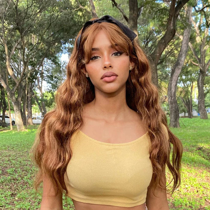 4/27 Honey Blond Highlight Body Wave Wig With Bangs Full Machinemade Wig/13x4/4x4 HD Lace Front Human Hair Wigs