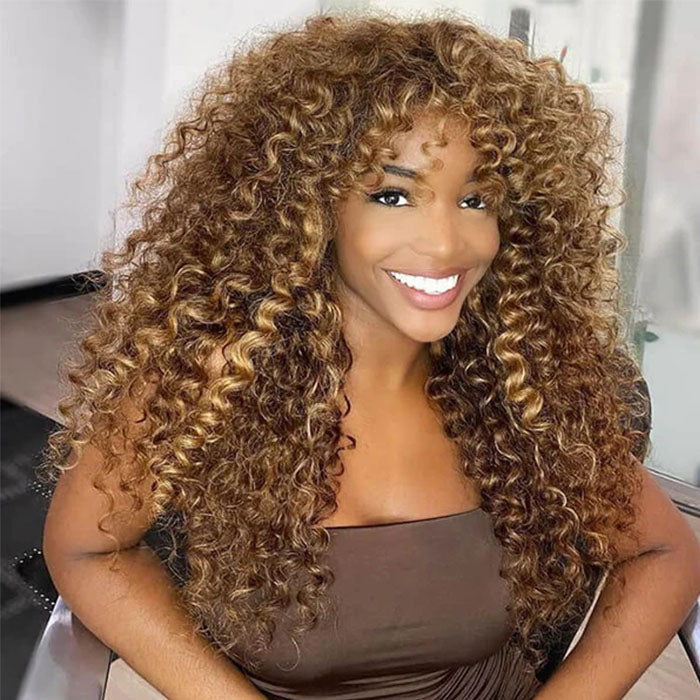 4/27 Honey Blonde Highlights Curly Human Hair Wigs with Bangs Glueless 13*4 HD Lace Front Wigs