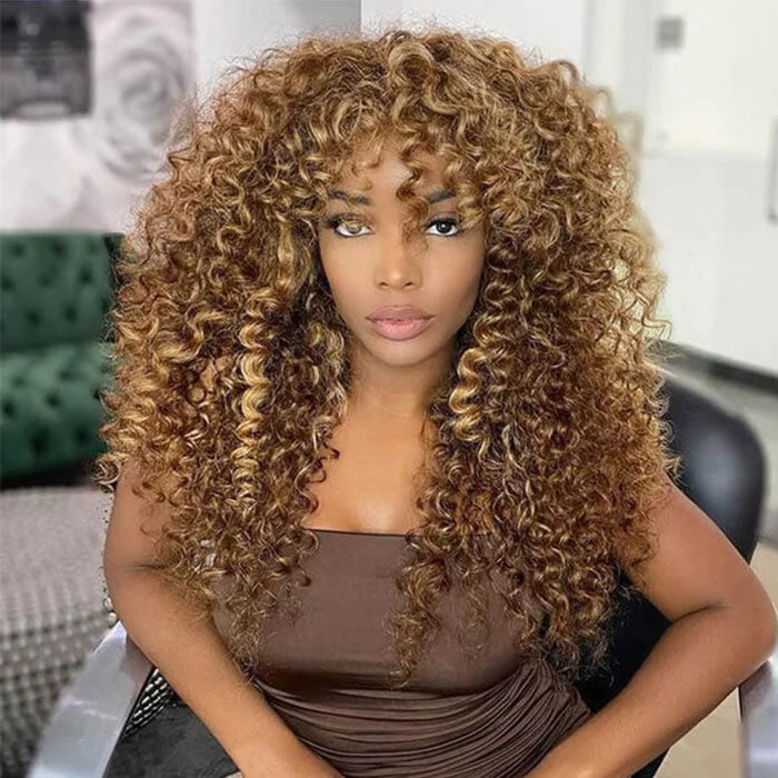 4/27 Honey Blonde Highlights Curly Human Hair Wigs with Bangs Glueless 13*4 HD Lace Front Wigs