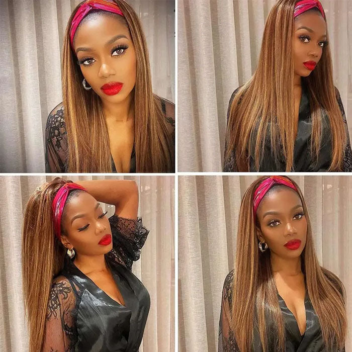 #4/27 Mix Color Highlights Headband Wigs 100% Virgin Human Hair No Gel No Glue Silk Scarf Wigs