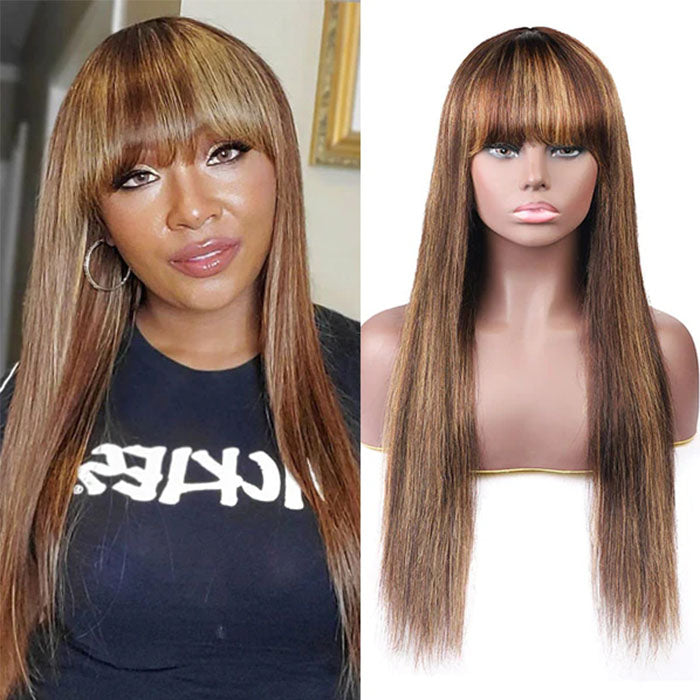 4/27 Honey Blond Highlight Straight Human Hair Wig With Bangs Virgin Human Hair Lace Front Wigs