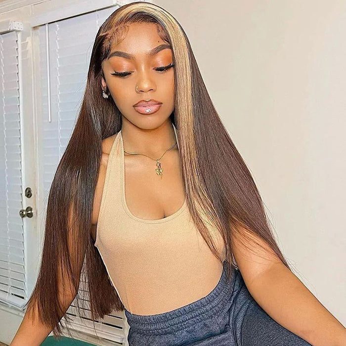 Brown Hair With Honey Blonde Highlight Streaks Wigs Straight & Body Wave 13x4 HD Lace Front Human Hair 