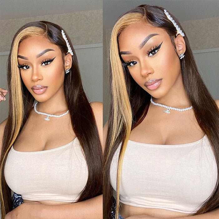 Brown Hair With Honey Blonde Highlight Streaks Wigs Straight & Body Wave 13x4 HD Lace Front Human Hair 