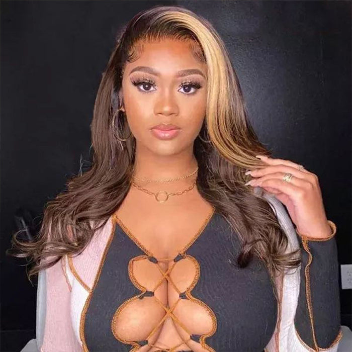 Brown Hair With Honey Blonde Highlight Streaks Wigs Straight & Body Wave 13x4 HD Lace Front Human Hair 