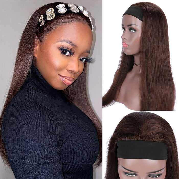 #4 Chocolate Brown Headband Wigs Virgin Human Hair No Gel No Glue Silk Scarf Wigs