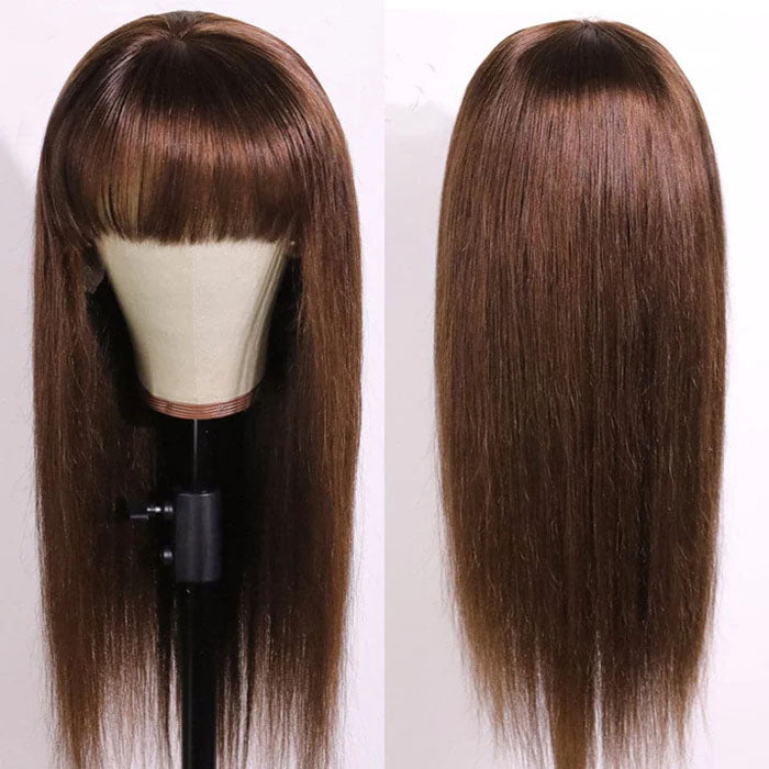 #4 Chocolate Brown Straight Wig With Bangs Glueless Top 2x4 Lace Wig With Bangs