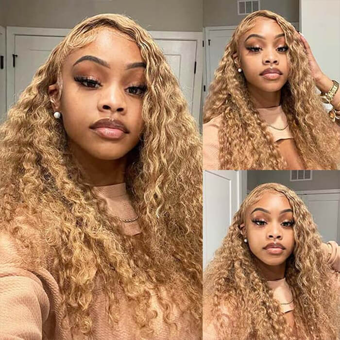 #27 Honey Blonde Deep Wave HD Lace Front Human Hair Wig with Pre Plucked