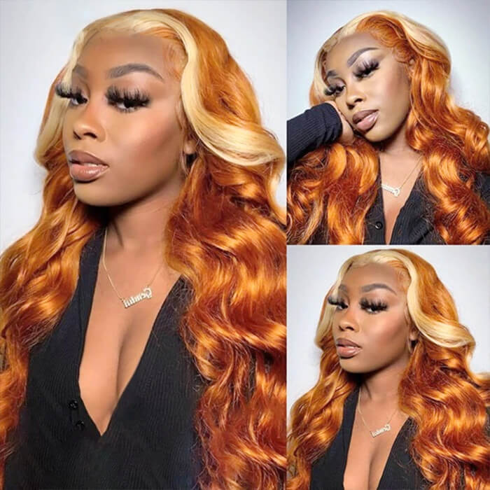 Ginger Wig With Blonde Highlights Colored Lace Front Wigs Body Wave Ombre Human Hair Wigs