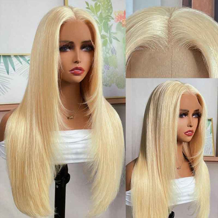 Layered Cut 613 Blonde Pre Plucked Glueless Straight 13x4 13x6 HD Transparent Lace Wigs