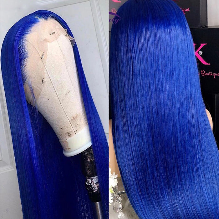 Blue Color 13x4 HD Lace Front Wigs Pre-Plucked Brazilian Remy Straight Human Hair Wigs for Women