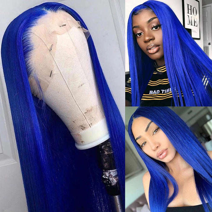 Blue Color 13x4 HD Lace Front Wigs Pre-Plucked Brazilian Remy Straight Human Hair Wigs for Women