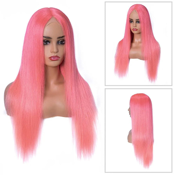 13x4 HD Lace Frontal  Human Hair Wigs Straight Pink Color Wig For Women Pre Plucked Bleached Knots