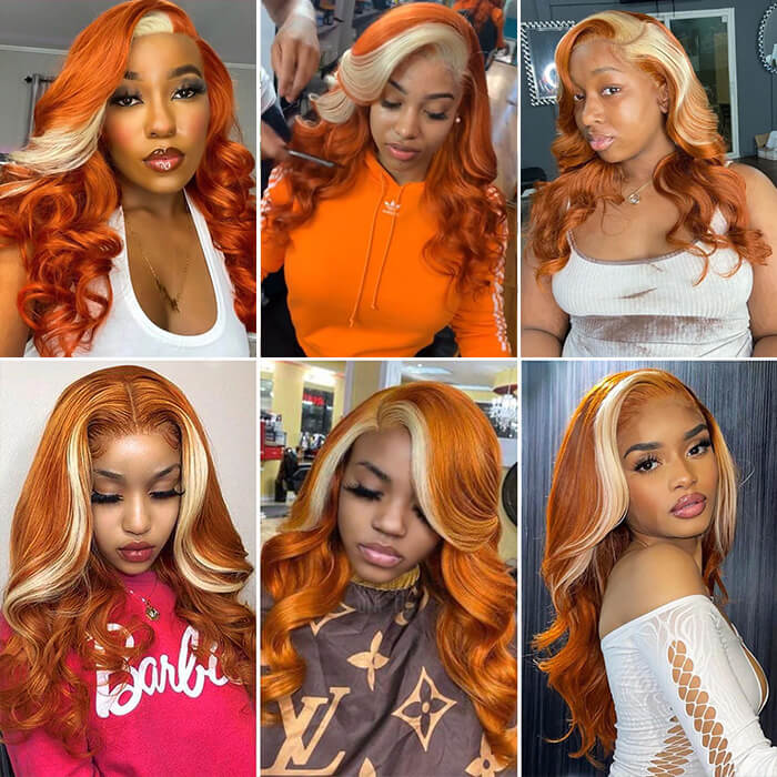 Ginger Wig With Blonde Highlights Colored Lace Front Wigs Body Wave Ombre Human Hair Wigs