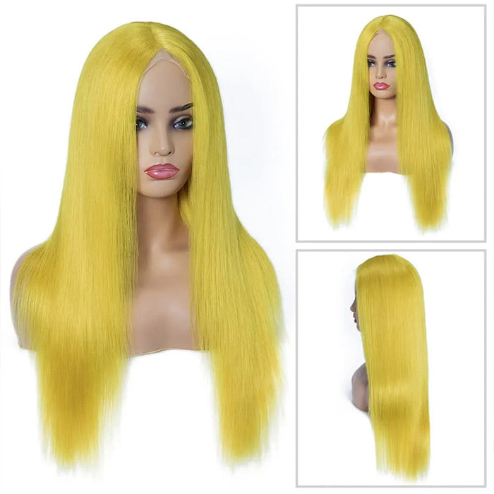 Yellow Colored Human Hair Wig HD  Lace Front Wigs Invisible Glueless Cosplay Wig For Women