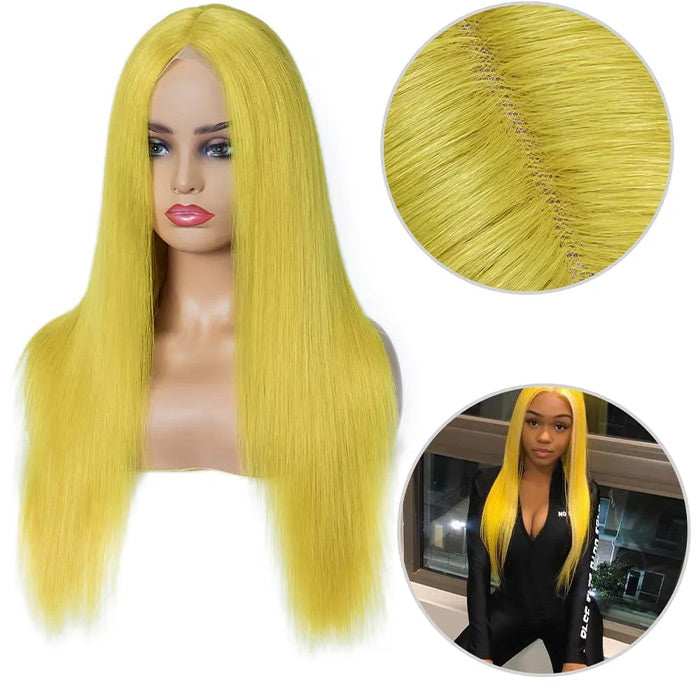 Yellow Colored Human Hair Wig HD  Lace Front Wigs Invisible Glueless Cosplay Wig For Women