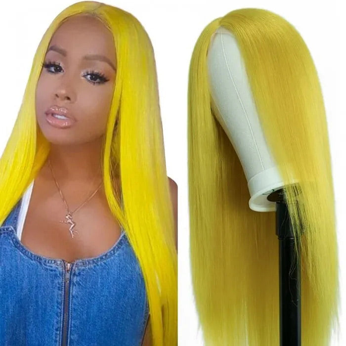 Yellow Colored Human Hair Wig HD  Lace Front Wigs Invisible Glueless Cosplay Wig For Women