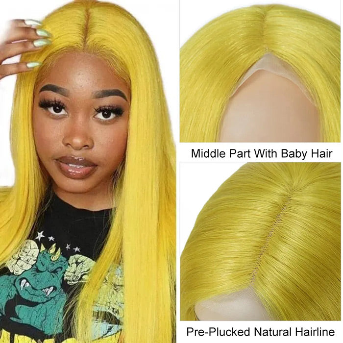 Yellow Colored Human Hair Wig HD  Lace Front Wigs Invisible Glueless Cosplay Wig For Women