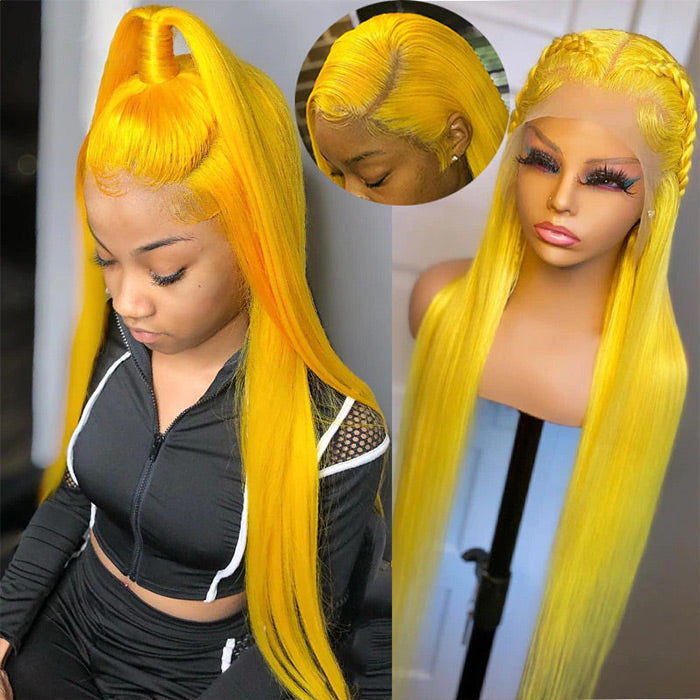 Yellow Colored Human Hair Wig HD  Lace Front Wigs Invisible Glueless Cosplay Wig For Women