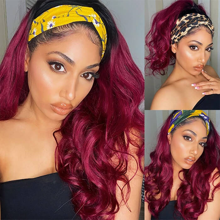 #99J Sugar Plum Color Headband Wig 100% Human Hair With Black Root | Throw On & Go