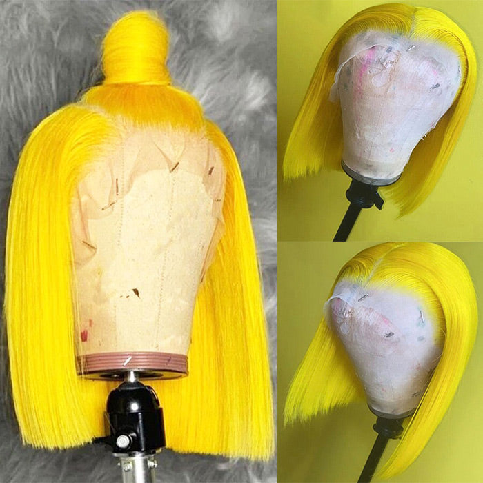 Yellow Straight Human Hair Bob Wigs 13x4 Brazilian Remy Colored Short Bob Wigs Glueless Human Hair Wigs