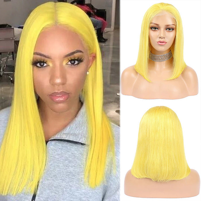 Yellow Straight Human Hair Bob Wigs 13x4 Brazilian Remy Colored Short Bob Wigs Glueless Human Hair Wigs