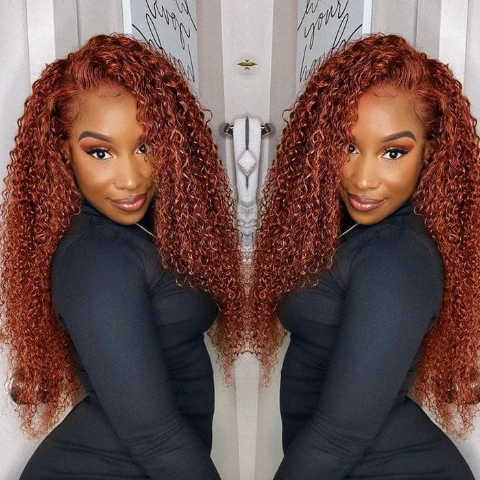 Curly Human Hair Wigs #33 Red Brown Auburn Colored Wig 13*4 5*5 HD Transparent Lace Front Wigs