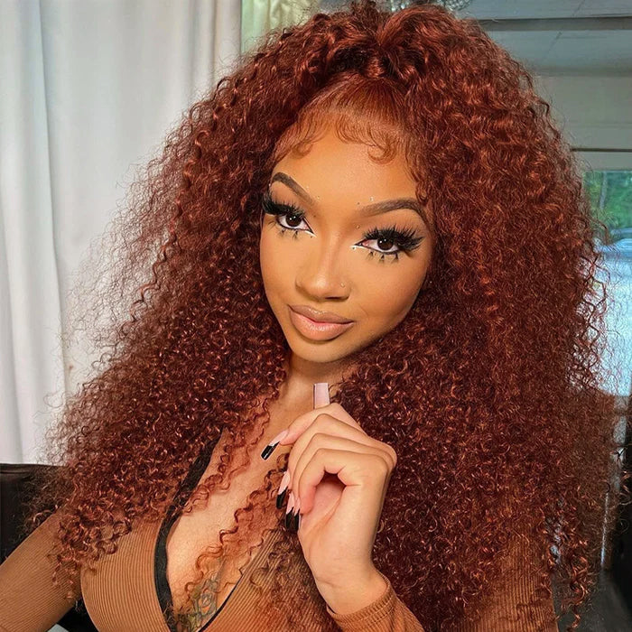 Curly Human Hair Wigs #33 Red Brown Auburn Colored Wig 13*4 5*5 HD Transparent Lace Front Wigs